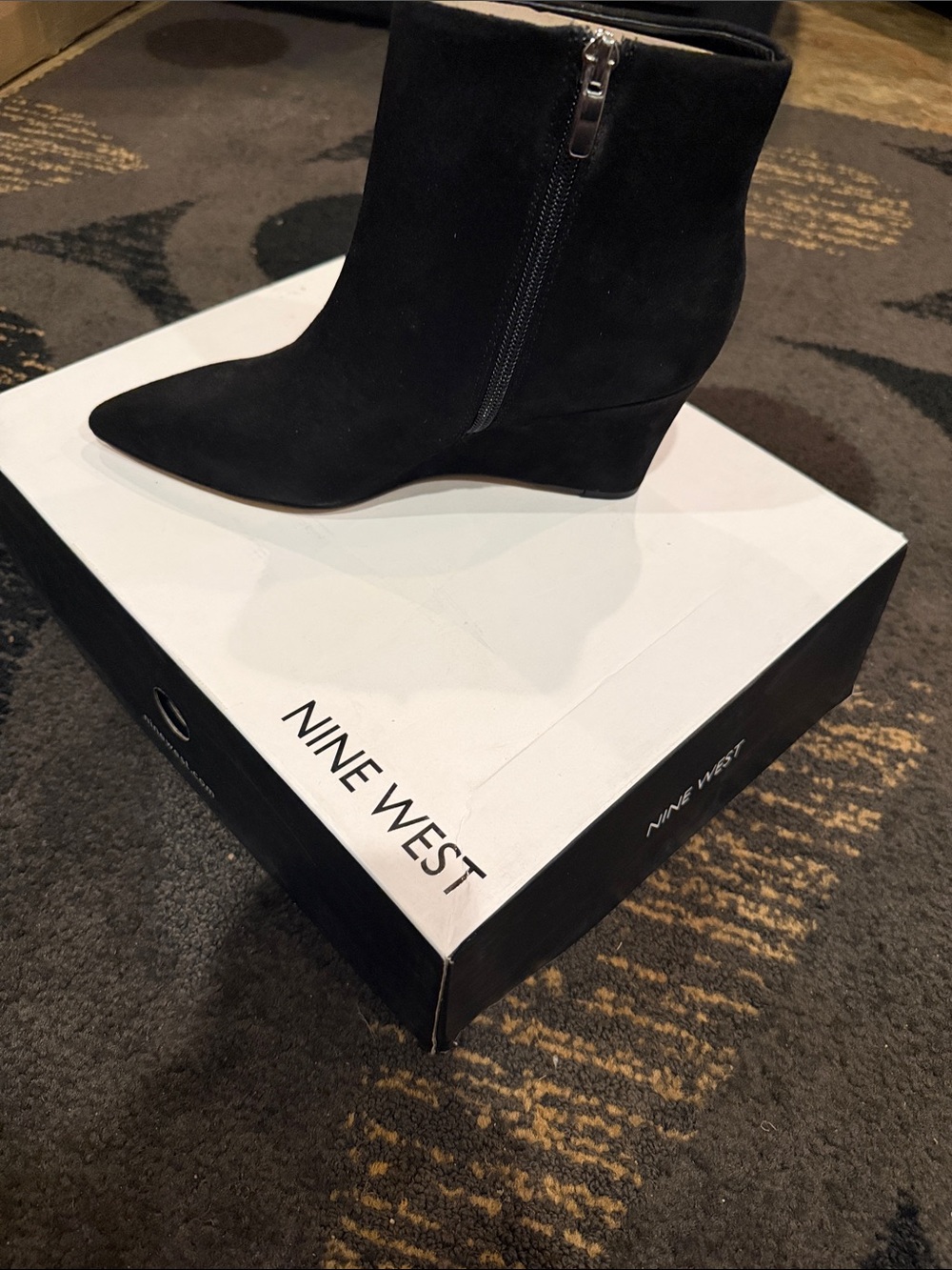 Nine West Black Suede Pointed Wedge Ankle Boots